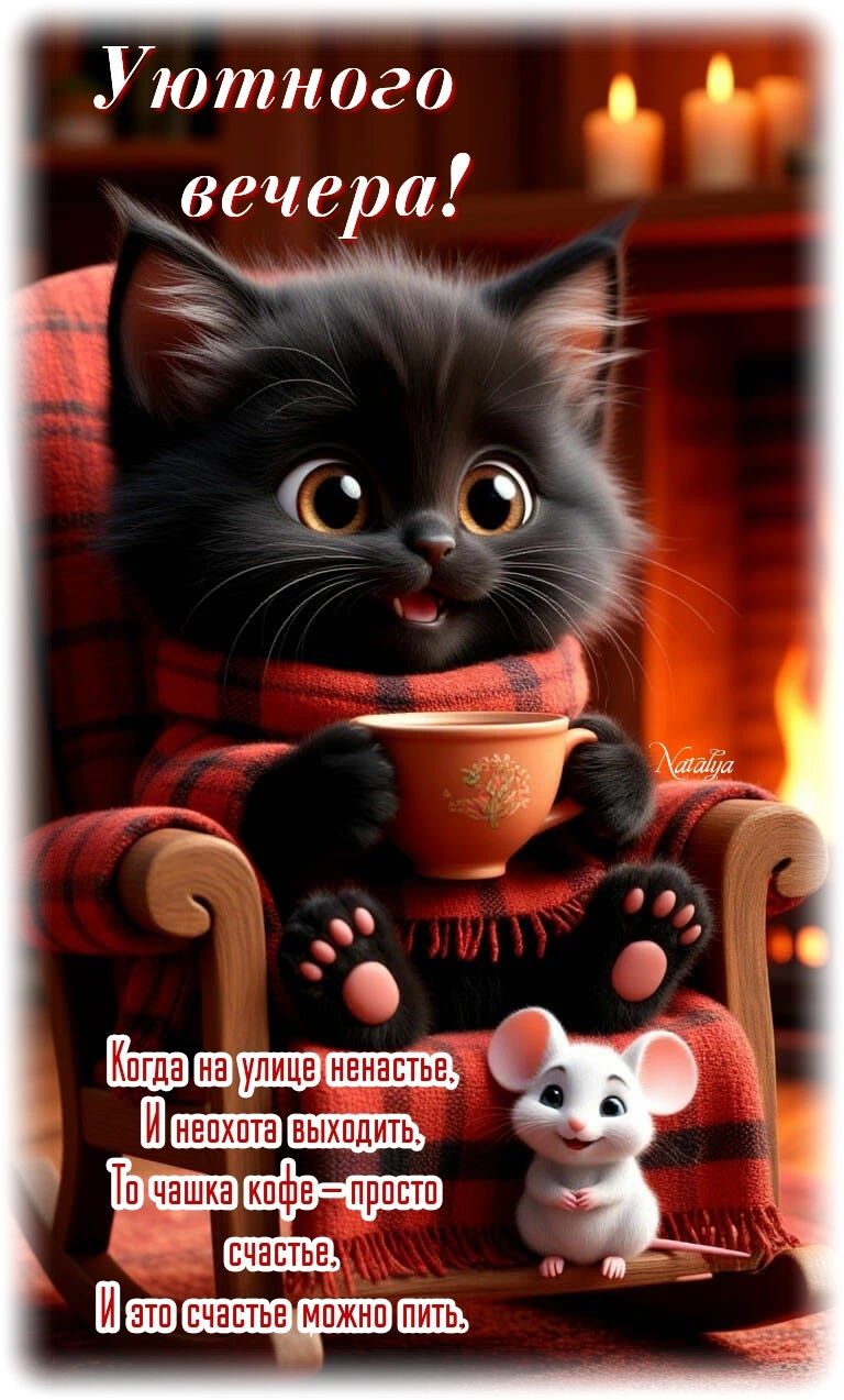 Открытка «Добрый вечер и пожелания»: Добрый вечер: уютный кот с кофе у камина. Тэги: Добрый вечер, с котиками, Доброго…