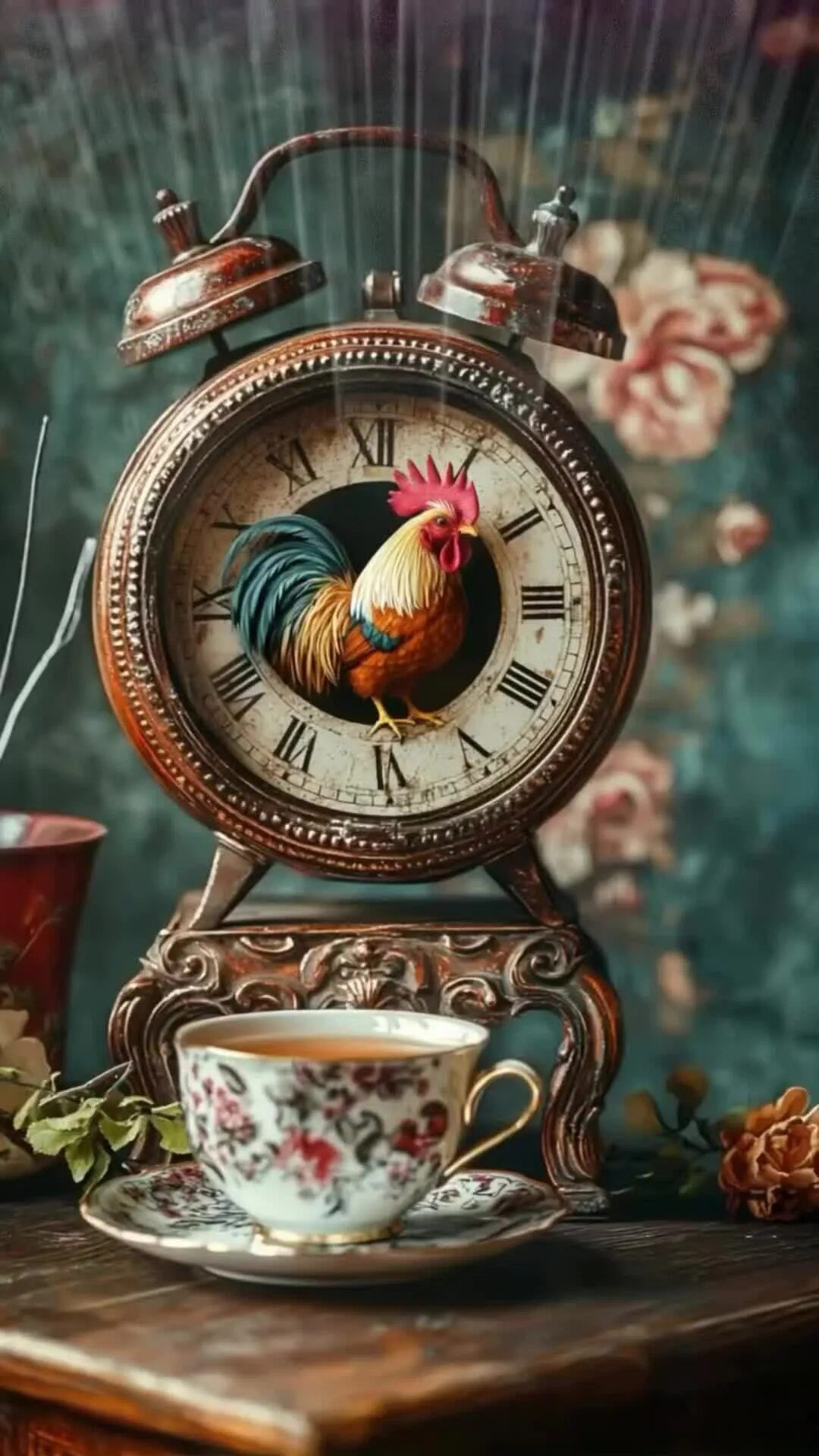 Открытка «С добрым утром»: Доброе утро со старинными часами и чашкой кофе. Тэги: Поздравление с добрым утром, С добрым…