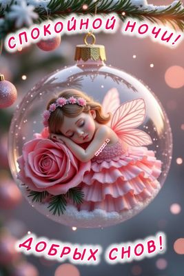 Открытка «Спокойной ночи»: Спокойной ночи: «Сказочная фея» спит в елочном шаре. Тэги: Спокойной ночи, женщине, Спокой…
