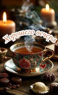 Открытка «Добрый вечер и пожелания»: Открытка с пожеланием хорошего вечера: чай при свечах. Тэги: Добрый вечер красив…