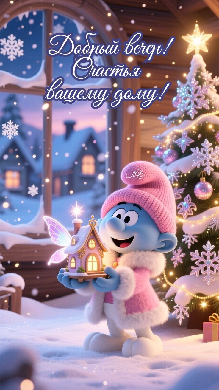Открытка «Добрый вечер и пожелания»: Добрый вечер: «Счастья вашему дому!» с милой сказкой. Тэги: Добрый зимний вечер…