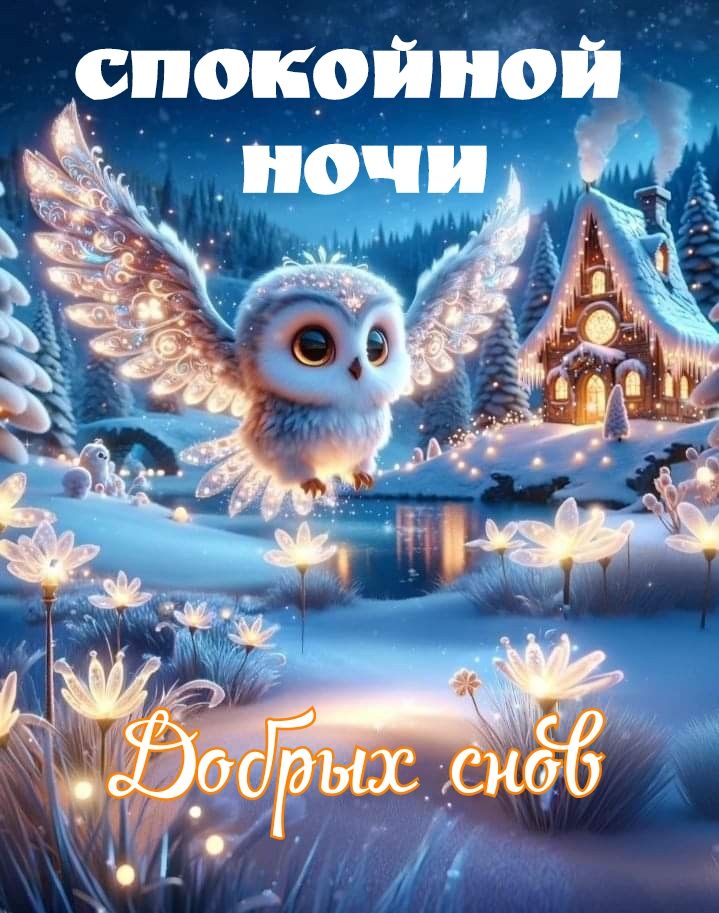 Открытка «Спокойной ночи»: Спокойной ночи: милая сова в зимнем лесу. Тэги: Спокойной ночи, красивые, Спокойной ночи…
