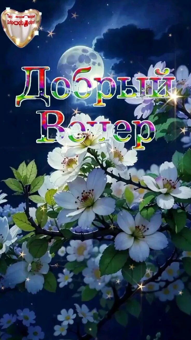 Открытка «Добрый вечер и пожелания»: Добрый вечер: Нежные цветы на фоне ночного неба. Тэги: Добрый вечер, с цветами…