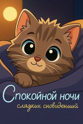 Открытка «Спокойной ночи»: Спокойной ночи: милый котенок желает сладких сновидений. Тэги: Спокойной ночи, с пожелания…