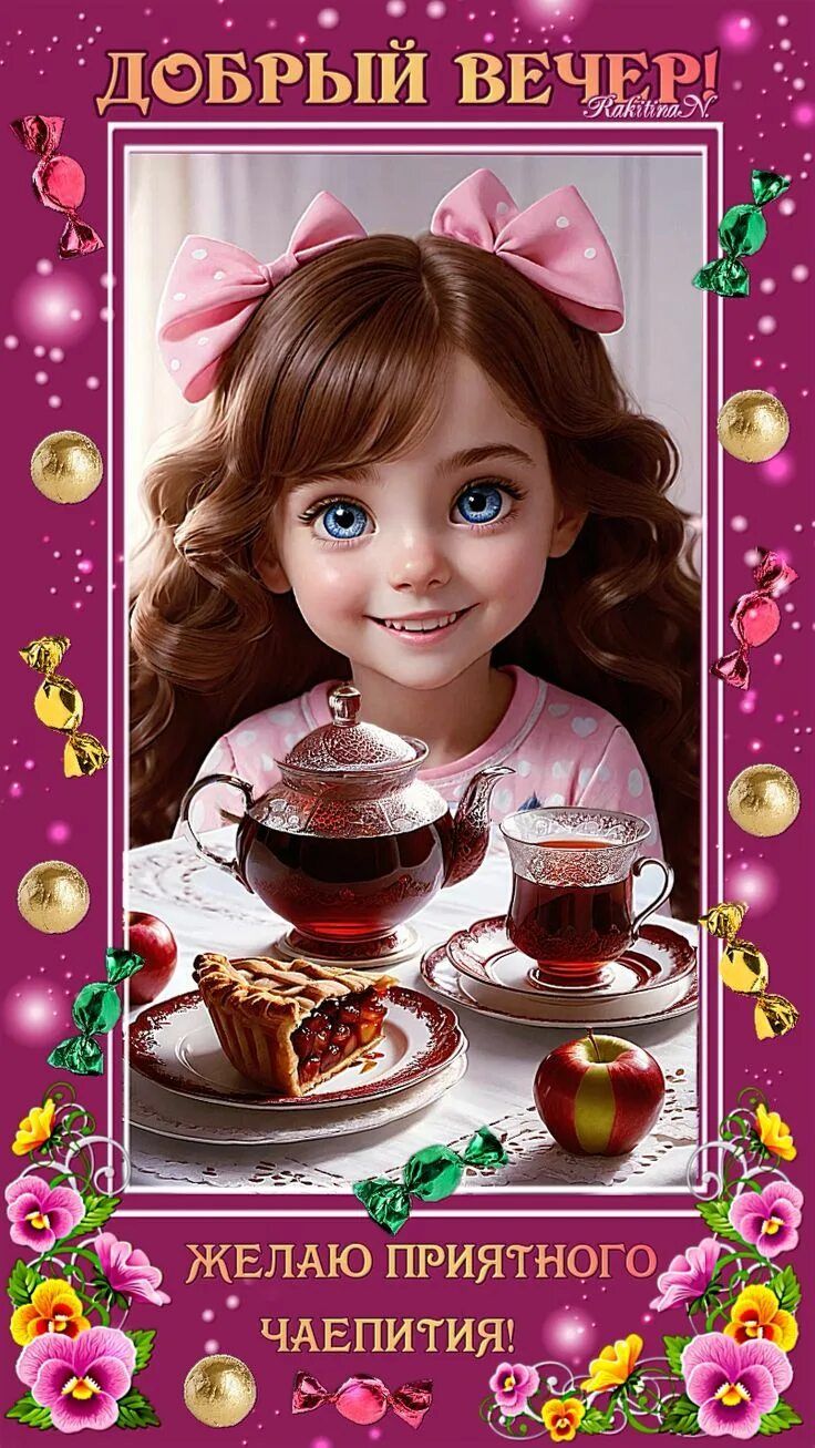 Открытка «Добрый вечер и пожелания»: Добрый вечер: милая открытка с пожеланием приятного чаепития. Тэги: Добрый вечер…