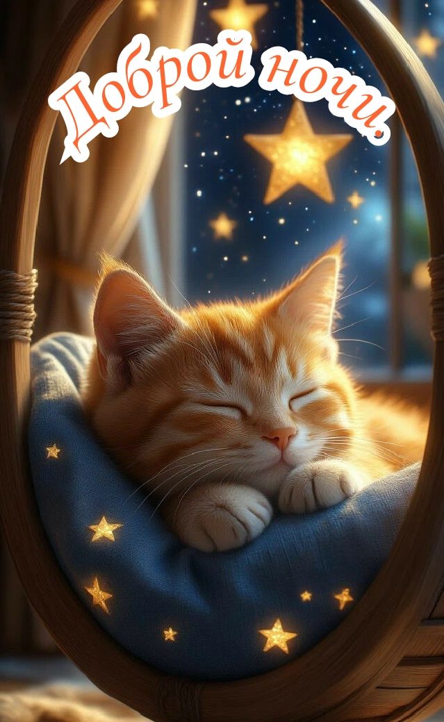Открытка «Доброй ночи»: Доброй ночи: «Милый кот» и звездное небо.
