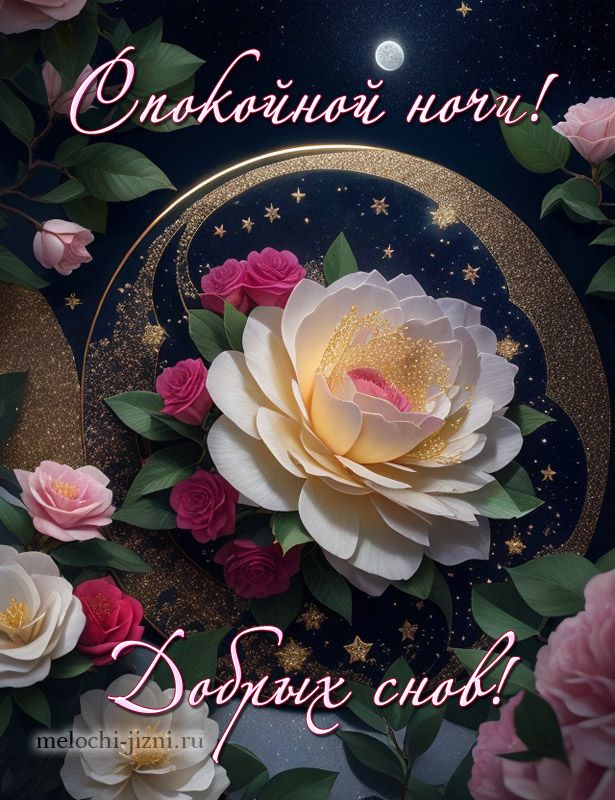 Открытка «Доброй ночи»: Доброй ночи: Волшебная открытка с цветами и луной. Тэги: Спокойной ночи, Спокойной ночи…