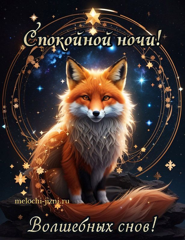 Открытка «Спокойной ночи»: Спокойной ночи: Сказочный лис в звёздном обрамлении. Тэги: Спокойной ночи, красивые…