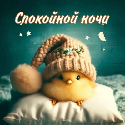 Открытка «Спокойной ночи»: Спокойной ночи: милый желтый цыпленок в шапке. Тэги: Спокойной ночи, красивые, Спокойной н…