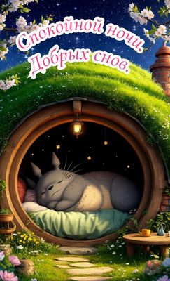 Открытка «Спокойной ночи»: Спокойной ночи: милый кролик в сказочной норке. Тэги: Спокойной ночи, с пожеланиями…