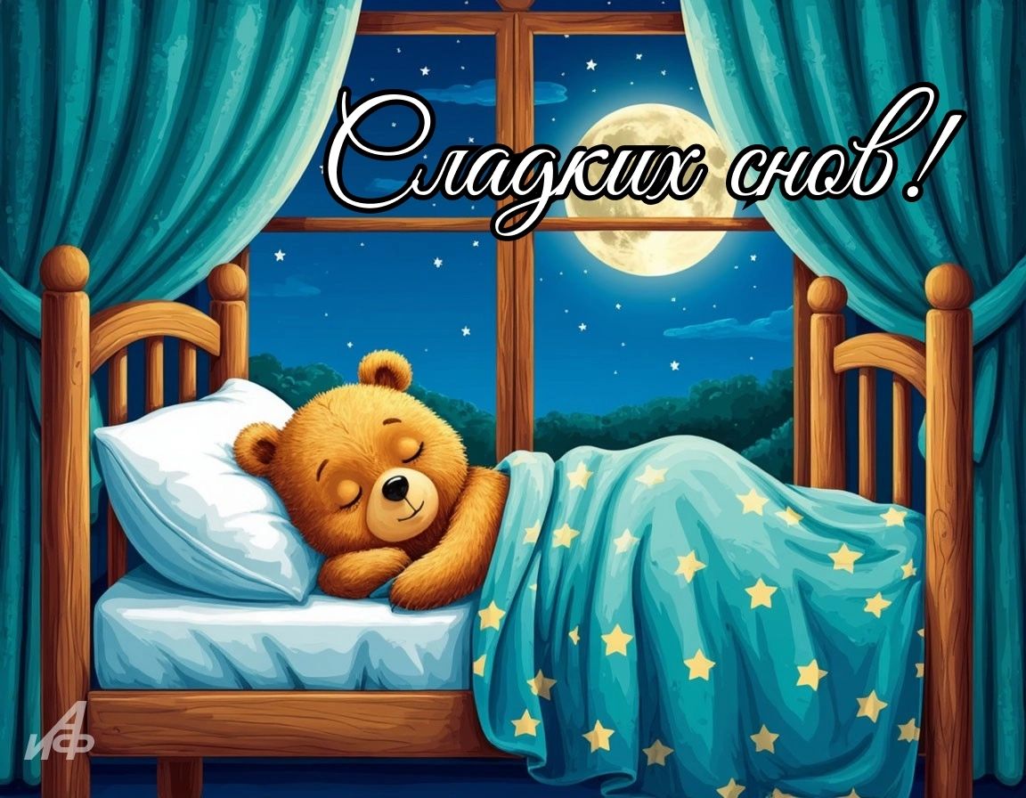 Открытка «Доброй ночи»: Доброй ночи: мультяшка, луна и кровать.