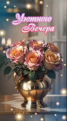 Открытка «Добрый вечер и пожелания»: Уютного вечера: нежные розы в золотой вазе. Тэги: Добрый вечер красивые, Добрый…
