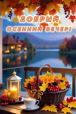 Открытка «Добрый вечер и пожелания»: Добрый вечер: «Осенний пейзаж с корзиной даров и чаем». Тэги: Добрый вечер краси…