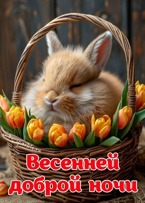 Открытка «Доброй ночи»: Весенней доброй ночи: милый зайчик в корзинке с цветами.
