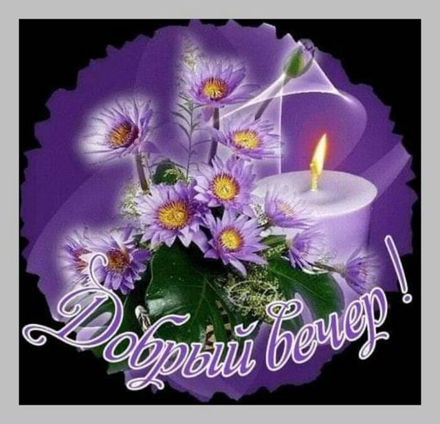 Открытка «Пожелание»: добрый вечер: букет фиолетовых астр со свечой. Тэги: надпись, красивый, лист, букет, добрый веч…
