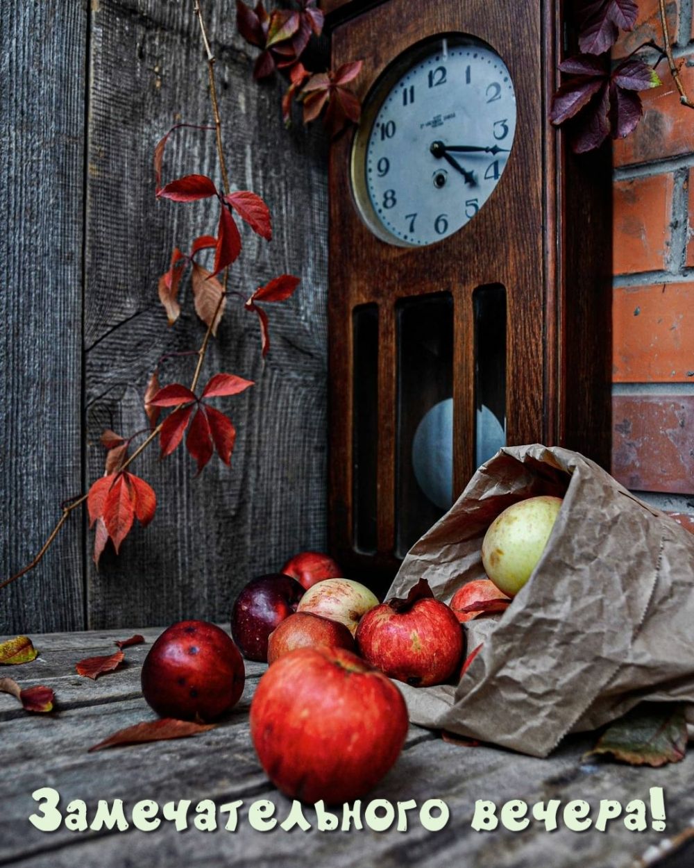 Открытка «Пожелание»: Замечательного вечера: Уютный натюрморт с яблоками. Тэги: дерево, красивый, часы, природа, лист…