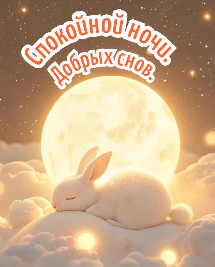 Открытка «Спокойной ночи»: Спокойной ночи: милый зайка спит на лунном облаке. Тэги: Спокойной ночи, красивые, Спокойн…