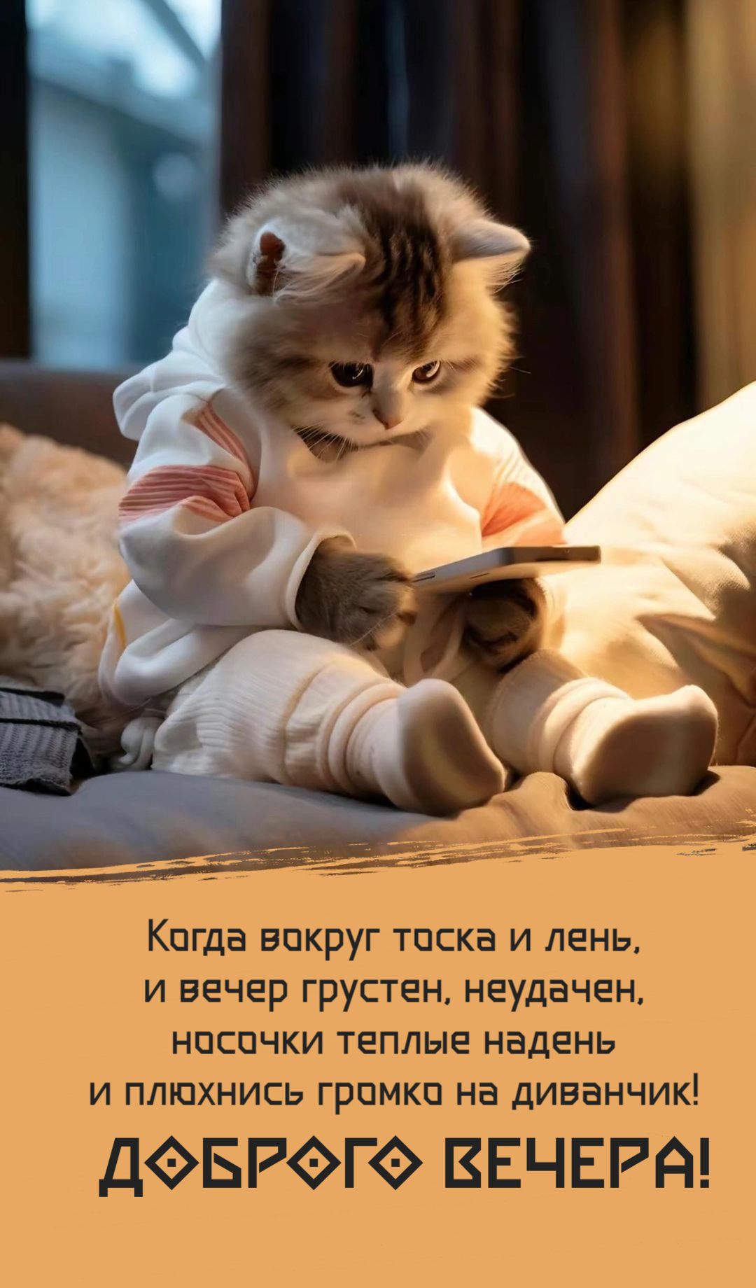 Открытка «Добрый вечер и пожелания»: Добрый вечер: Кот в теплых носках на диване с телефоном. Тэги: Прикольный добрый…