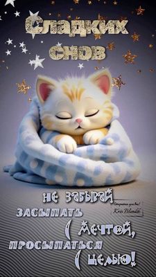 Открытка «Доброй ночи»: Доброй ночи: открытка с милым спящим котенком.