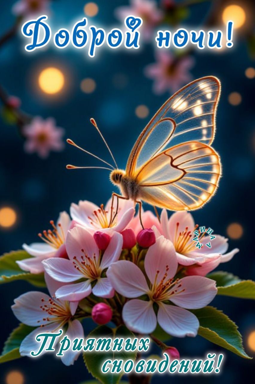 Открытка «Доброй ночи»: Доброй ночи: Нежная бабочка на цветах для приятных снов.