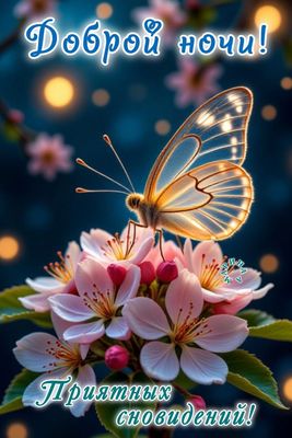 Открытка «Доброй ночи»: Доброй ночи: Нежная бабочка на цветах для приятных снов.