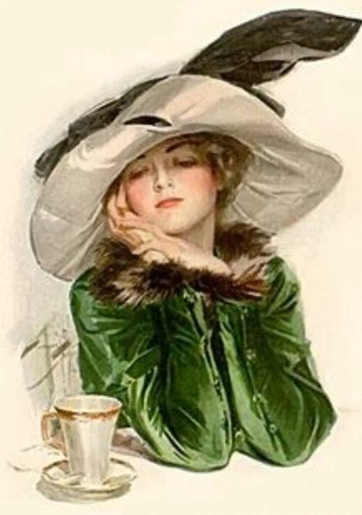 Открытка «Добрый день»: Добрый день: Ретро открытка с чашкой кофе. Тэги: настроение, женщина, кофе, чай, чашка…