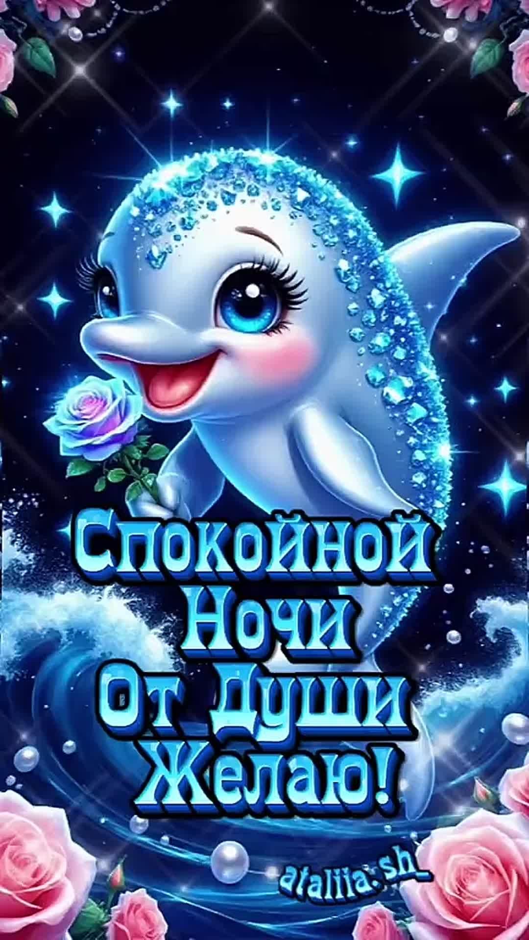 Открытка «Спокойной ночи»: Спокойной ночи — милая открытка с дельфином и розами. Тэги: пожелание, улыбка, мультяшка…