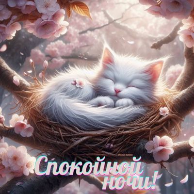 Открытка «Спокойной ночи»: Спокойной ночи: милый белый котенок в гнезде. Тэги: Спокойной ночи, с пожеланиями, Спокойн…