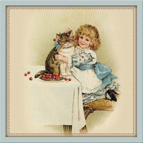Открытка «Добрый день»: Ретро открытка: Милая девочка и кот. Тэги: Добрый день, красивые, Добрый день, с котами…