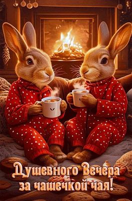 Открытка «Добрый вечер и пожелания»: Добрыи вечер: уютные зайки пьют чаи у камина. Тэги: Доброго, прекрасного вечера…