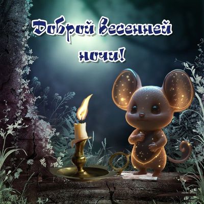 Открытка «Доброй ночи»: Доброй ночи: милая открытка с мышонком и свечой.