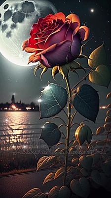 Открытка «Доброй ночи»: Добрый вечер: Мистическая роза в свете огромной луны.