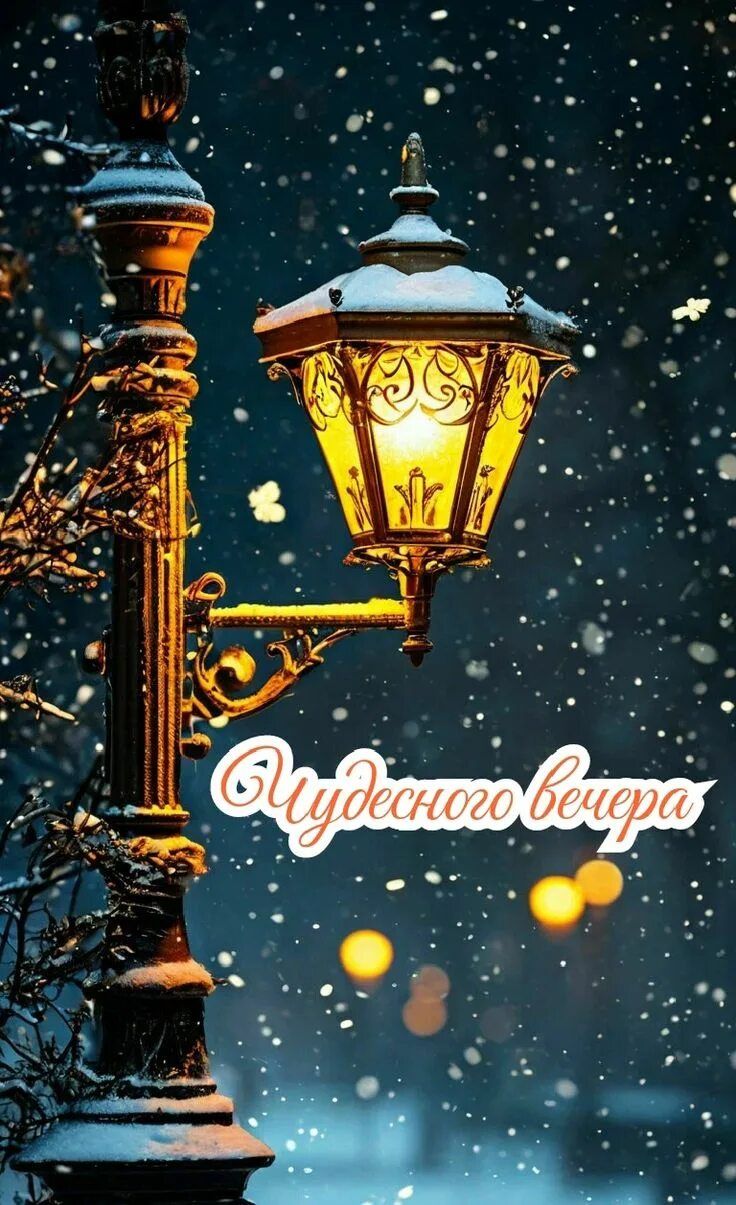 Открытка «Добрый зимний вечер»: Чудесного вечера: Волшебный зимний фонарь. Тэги: Добрый вечер красивые, Доброго…