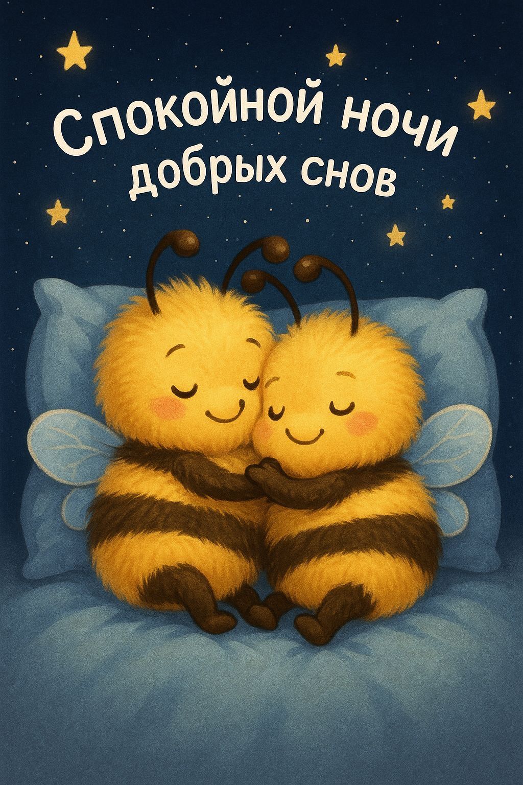 Открытка «Спокойной ночи»: Спокойной ночи: Милые пчелки обнялись. Тэги: Спокойной ночи, с пожеланиями, Спокойной ночи…