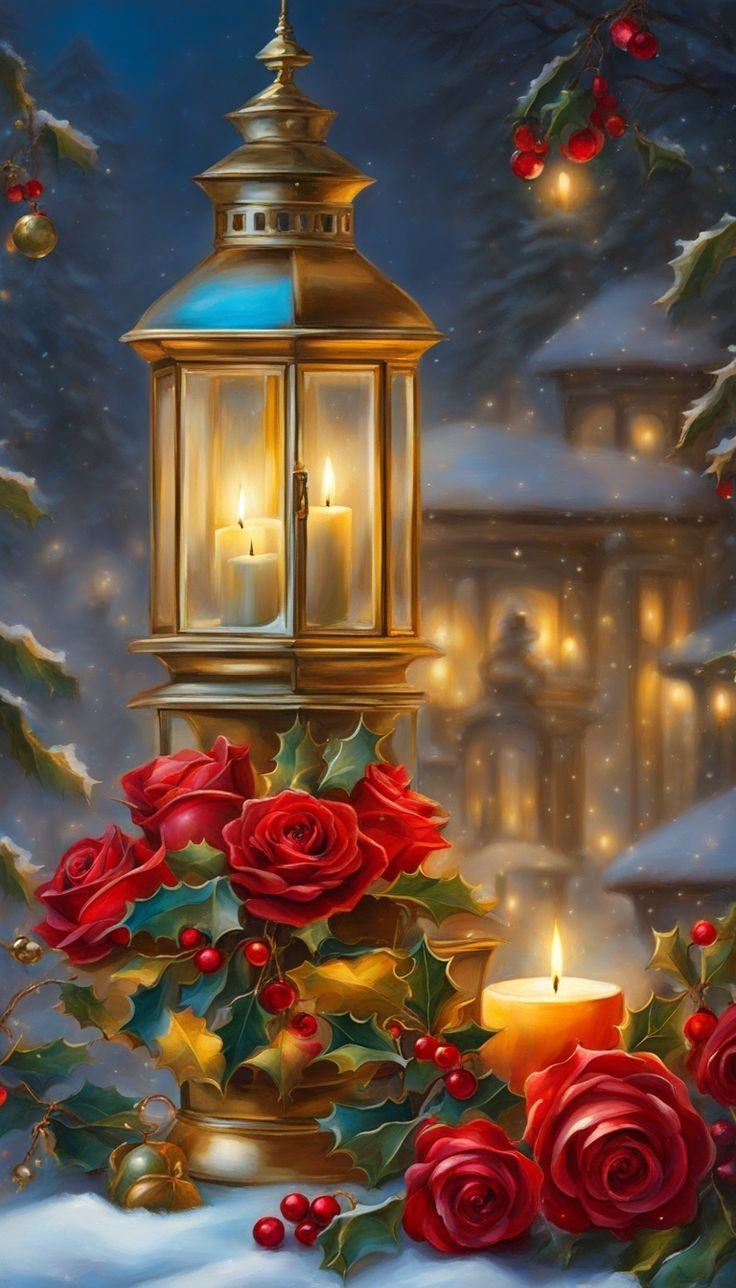 Открытка «Добрый вечер и пожелания»: Добрый вечер: Волшебная зима с розами и фонарем. Тэги: Добрый зимний вечер…