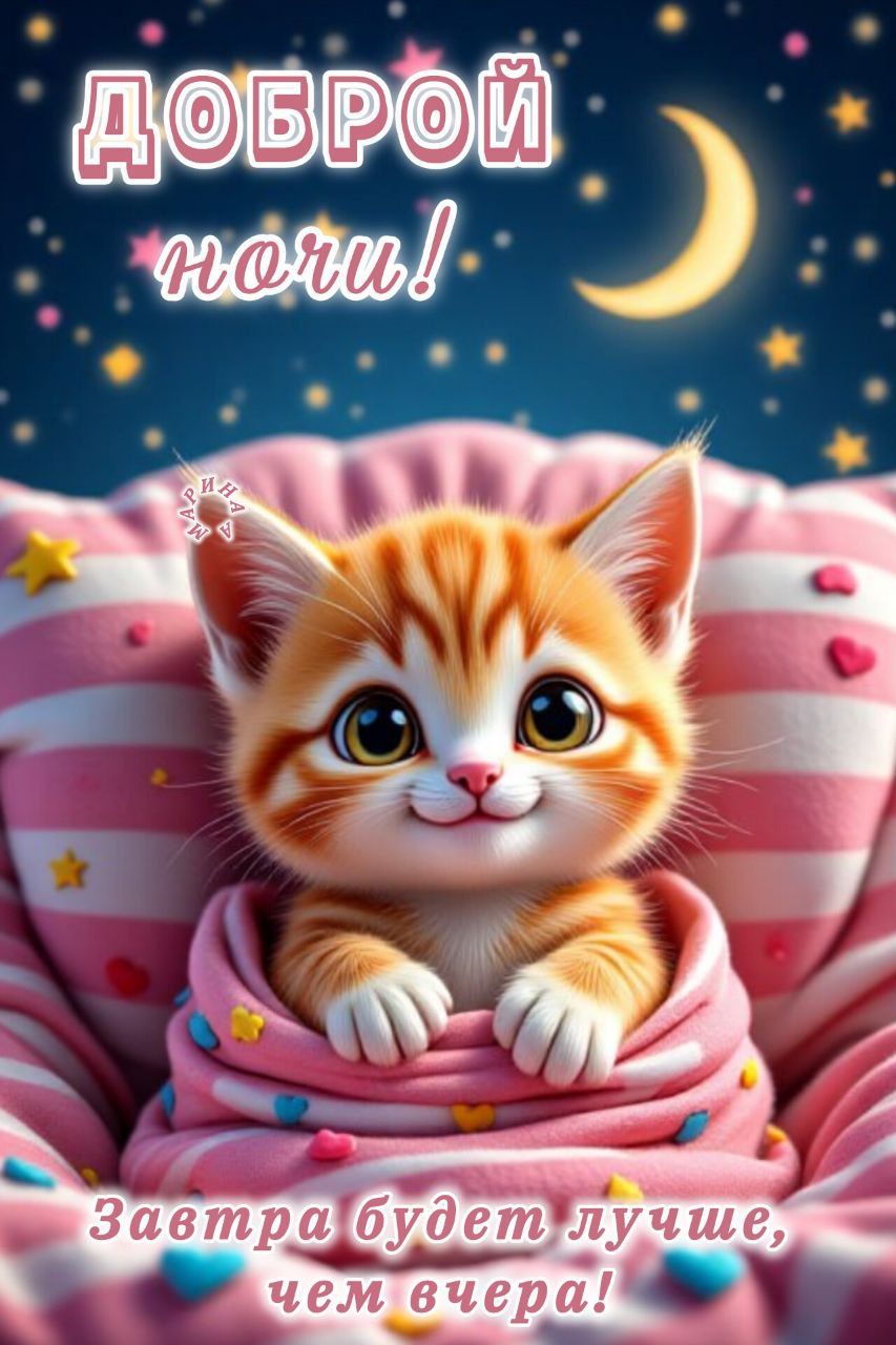 Открытка «Доброй ночи»: Доброй ночи: Милый рыжий котенок в розовом одеяле.