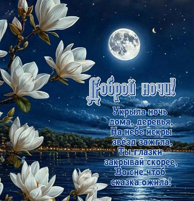 Открытка «Доброй ночи»: Доброй ночи! Красивая открытка с луной, звездами и цветами.
