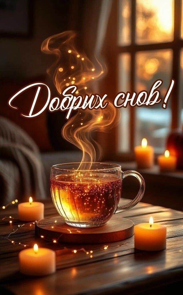 Открытка «Доброй ночи»: Доброй ночи: Уютный вечер с чаем и гирляндой.