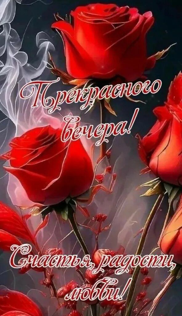 Открытка «Добрый вечер и пожелания»: Прекрасный вечер: Красивые красные розы. Тэги: Добрый вечер красивые, Добрый веч…