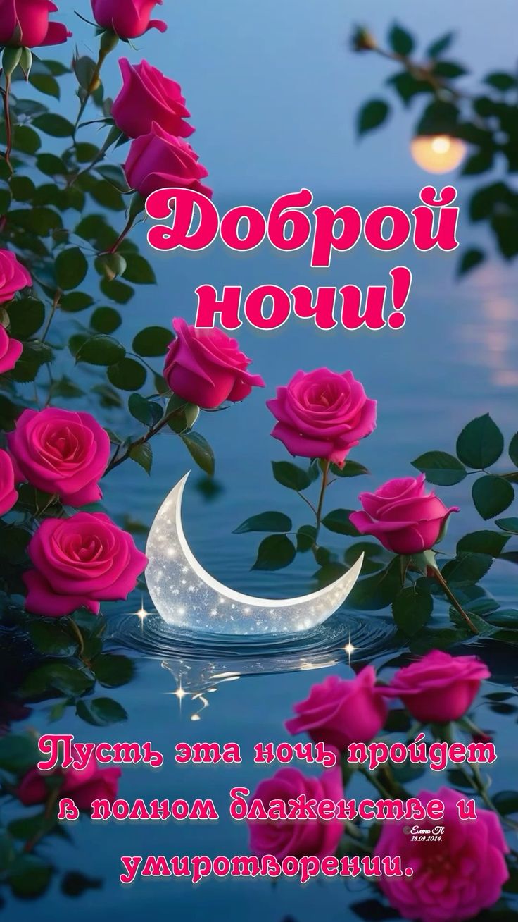 Открытка «Доброй ночи»: Доброй ночи: Пожелание с красивыми розами и луной.