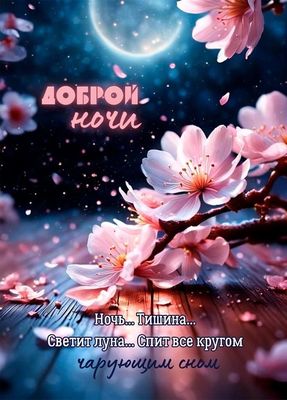 Открытка «Доброй ночи»: Доброй ночи: Красивые цветы сакуры на фоне луны.