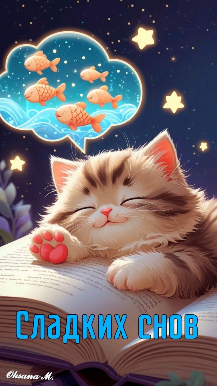 Открытка «Доброй ночи»: Сладких снов: Милая открытка со спящим котом.