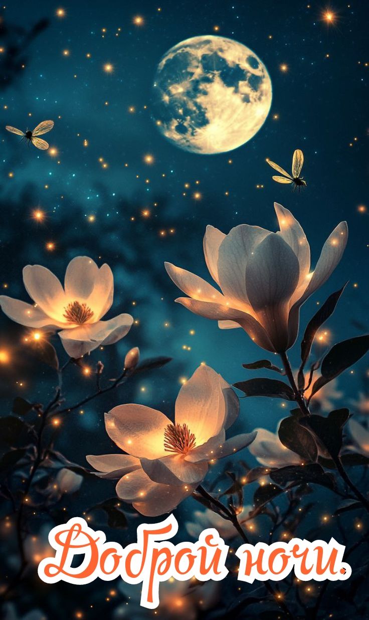 Открытка «Доброй ночи»: Доброй ночи: Волшебная открытка с магнолией под луной.