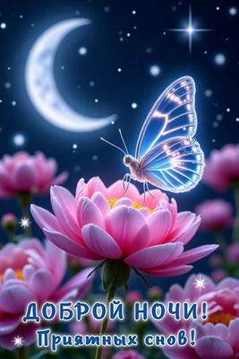 Открытка «Доброй ночи»: Доброй ночи: Волшебная бабочка на лотосе.