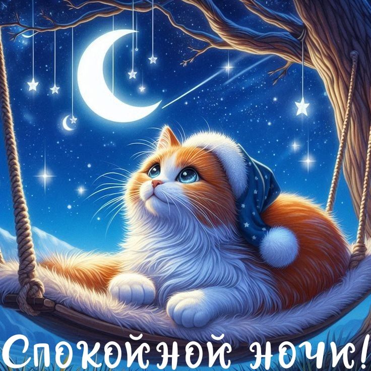 Открытка «Спокойной ночи»: Спокойной ночи: Милый кот на качелях под луной. Тэги: Спокойной ночи, красивые, Спокойной…