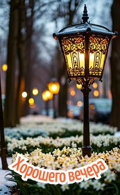 Открытка «Старинный»: Добрый вечер: теплый свет фонаря в снегу. Тэги: Добрый вечер и пожелания, Добрый зимний вечер…