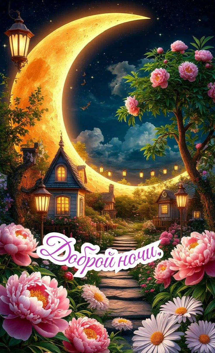 Открытка «Доброй ночи»: Доброй ночи: волшебный пейзаж с огромной луной.