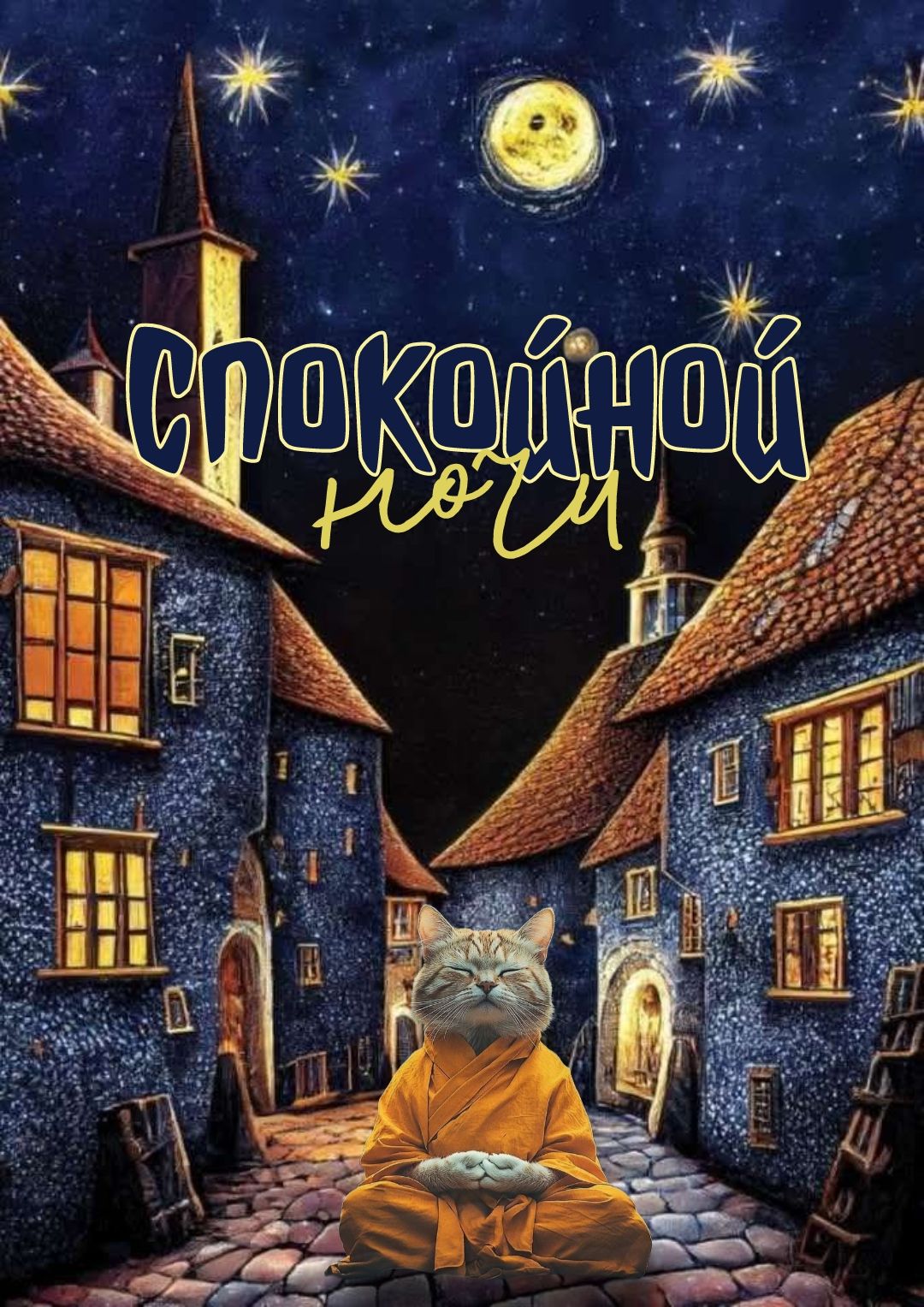 Открытка «Спокойной ночи»: Спокойной ночи: Медитирующий кот на ночной улочке. Тэги: Спокойной ночи, красивые, Спокойн…