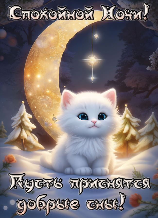 Открытка «Спокойной ночи»: Спокойной ночи: «Пушистый белый кот» на луне. Тэги: Спокойной ночи, красивые, Спокойной но…