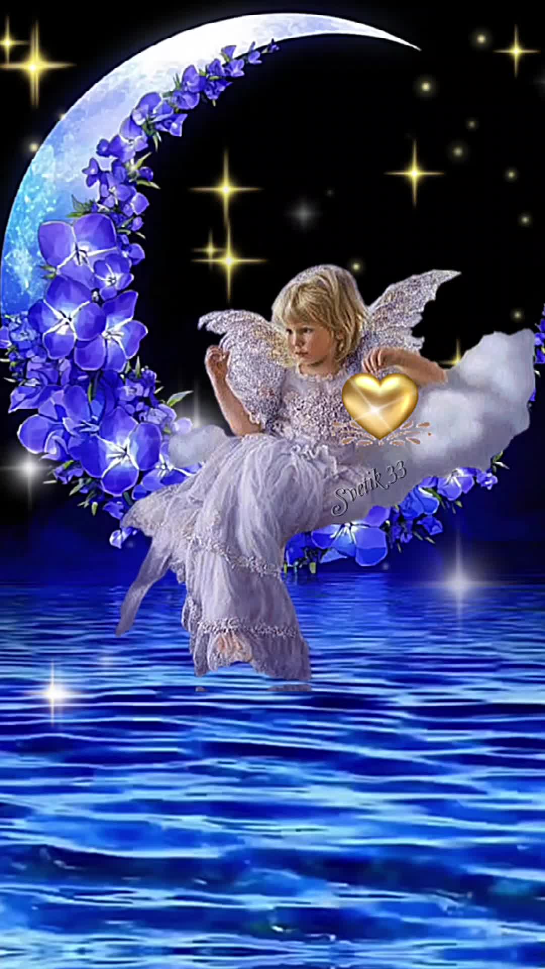 Открытка «Доброй ночи»: Доброй ночи: Ангел с золотым сердцем на луне. Тэги: Спокойной ночи, Спокойной ночи, с пожелан…